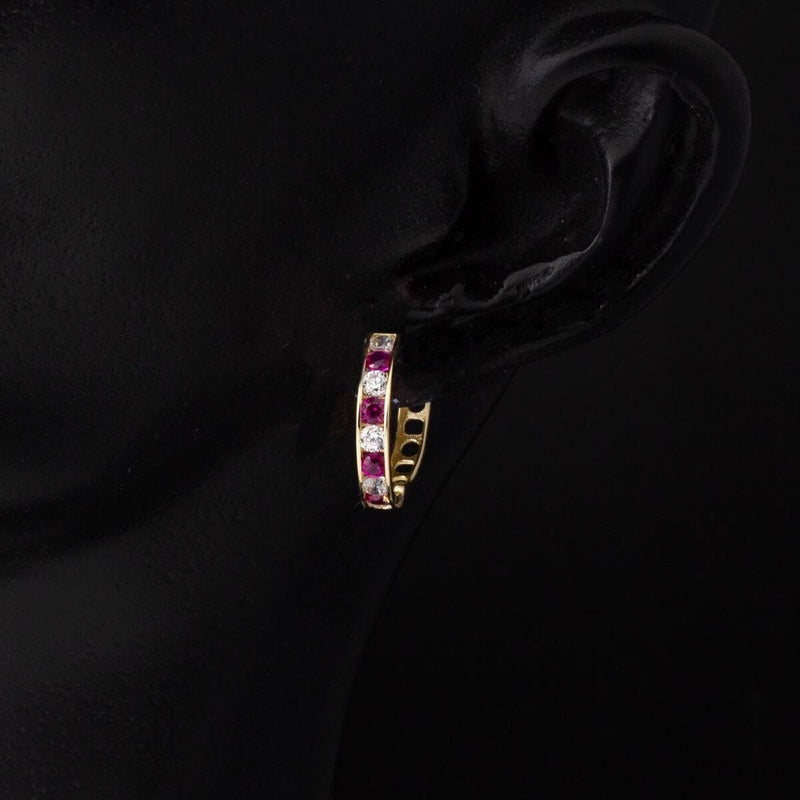 14K Yellow Gold Rose Row Cubic Zirconia Hoop Earrings