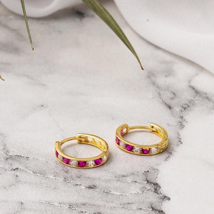 14K Yellow Gold Rose Row Cubic Zirconia Hoop Earrings