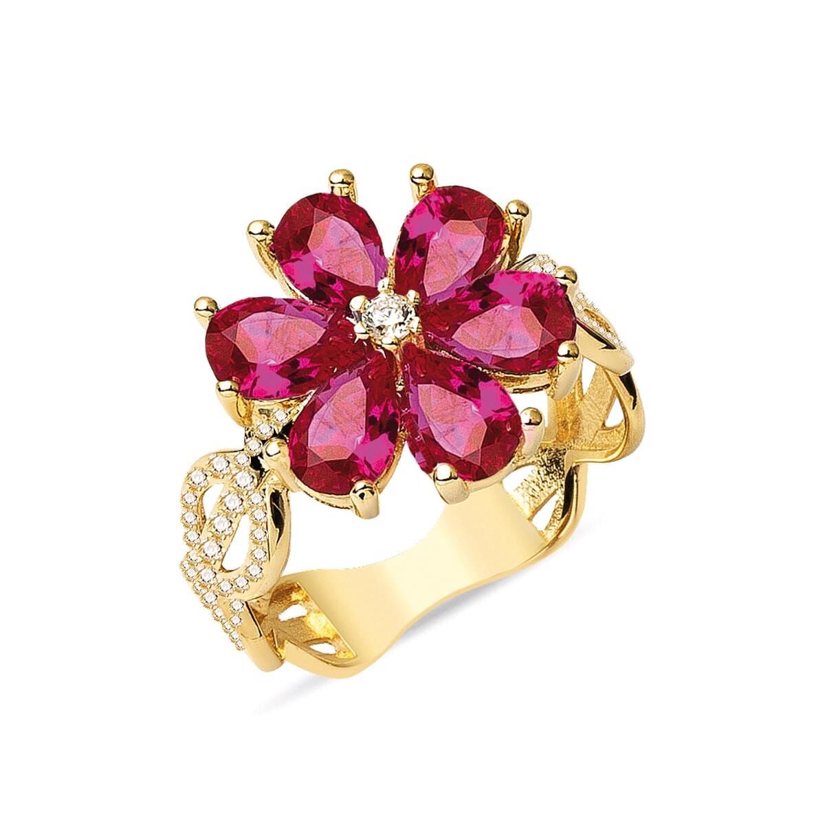 14K Yellow Gold Rose Flower Cubic Zirconia Ring