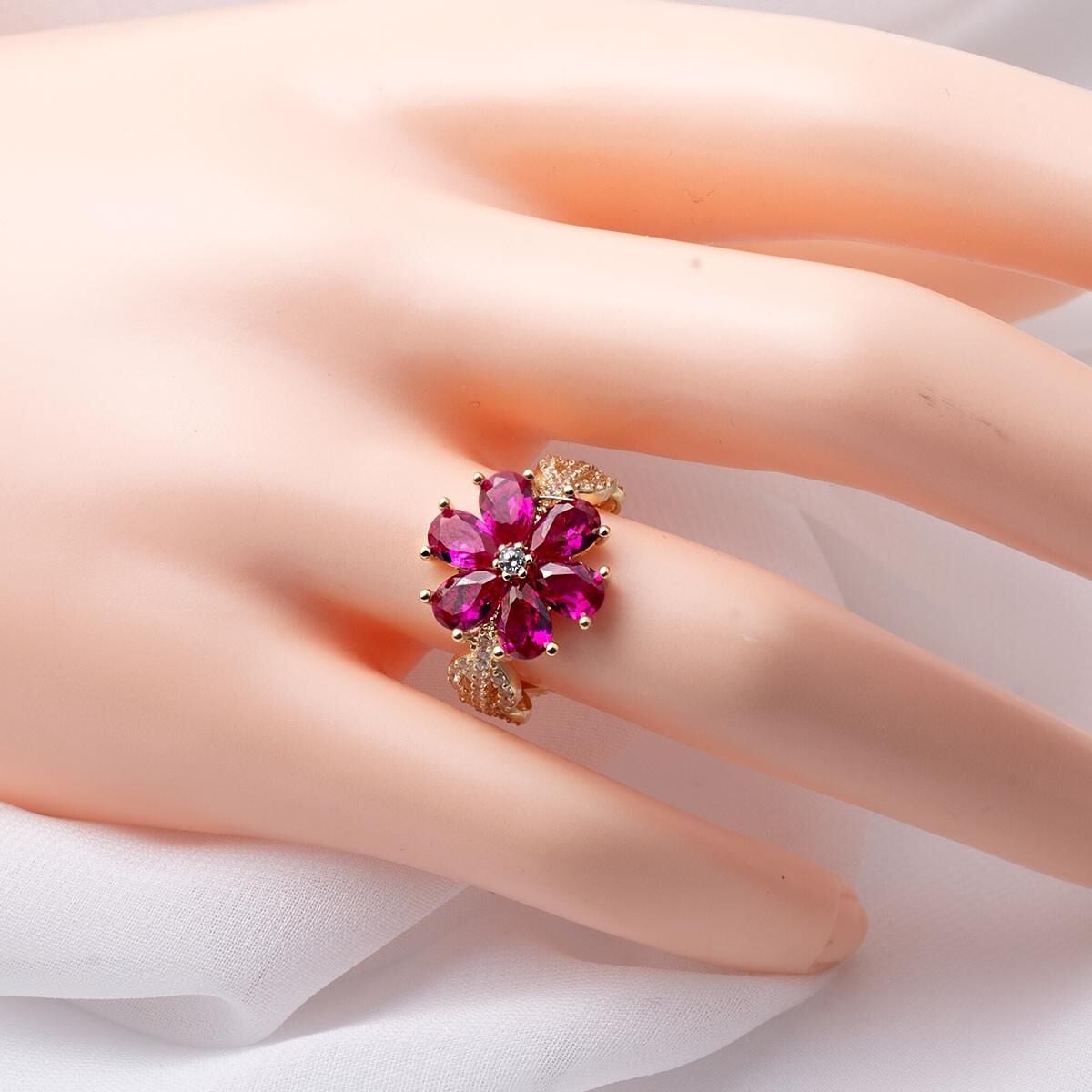 14K Yellow Gold Rose Flower Cubic Zirconia Ring