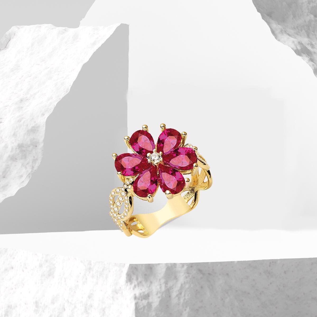 14K Yellow Gold Rose Flower Cubic Zirconia Ring