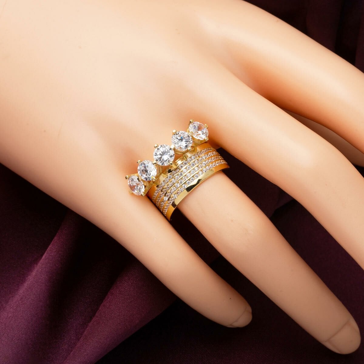 14K Yellow Gold Classic Wedding Band Five Stone Cubic Zirconia Ring