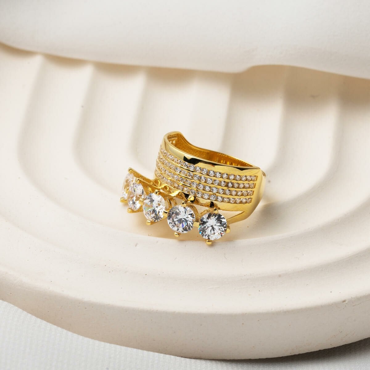 14K Yellow Gold Classic Wedding Band Five Stone Cubic Zirconia Ring