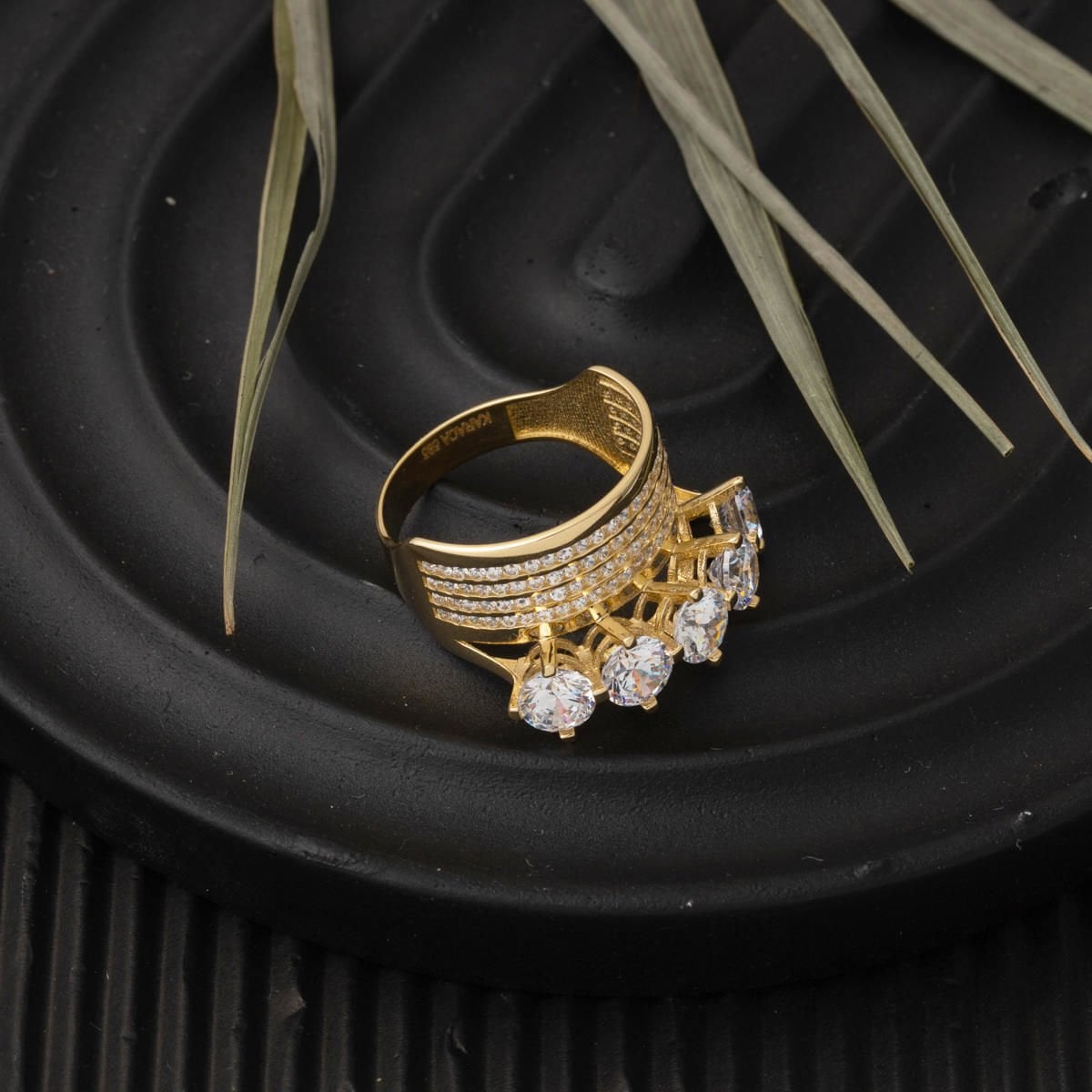 14K Yellow Gold Classic Wedding Band Five Stone Cubic Zirconia Ring
