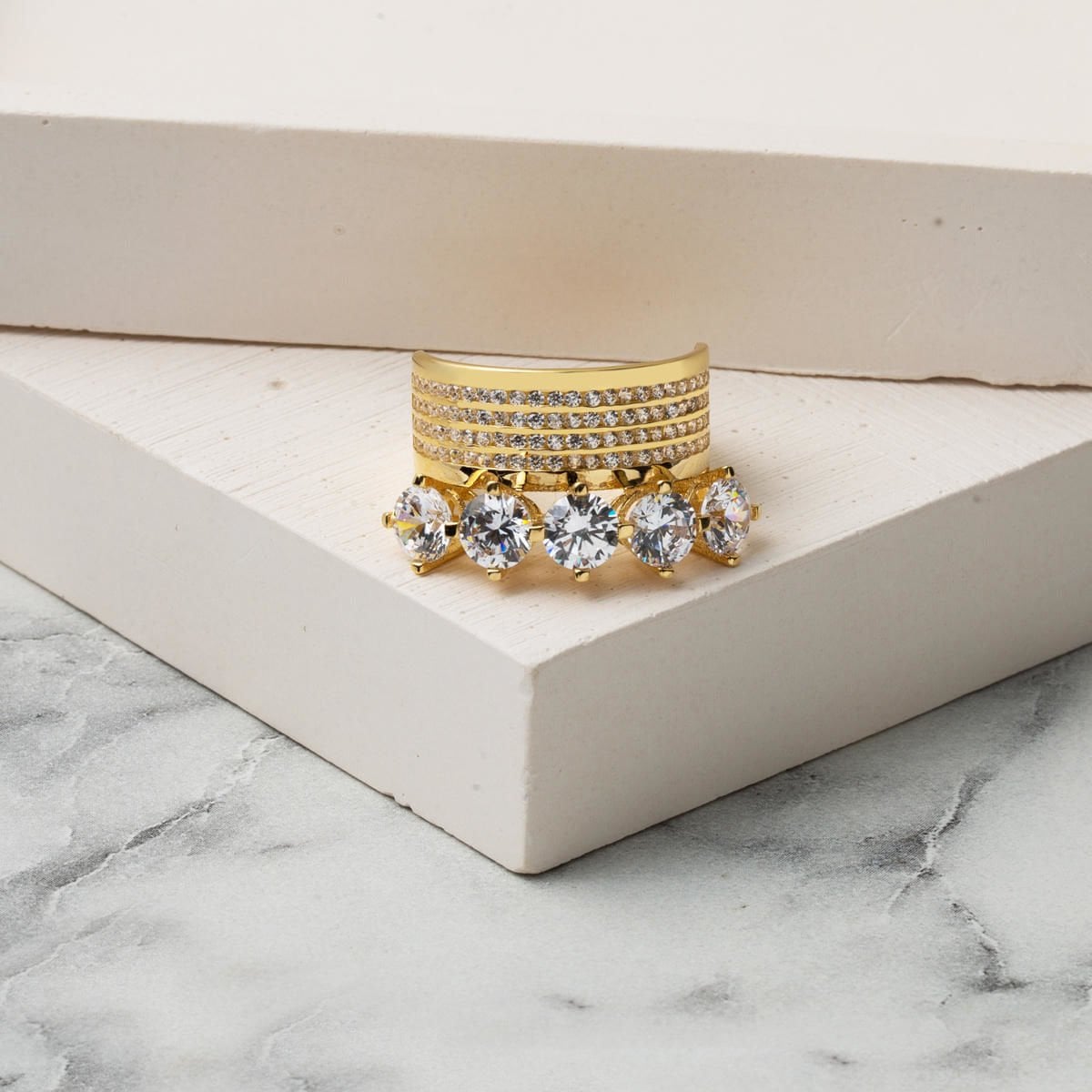 14K Yellow Gold Classic Wedding Band Five Stone Cubic Zirconia Ring