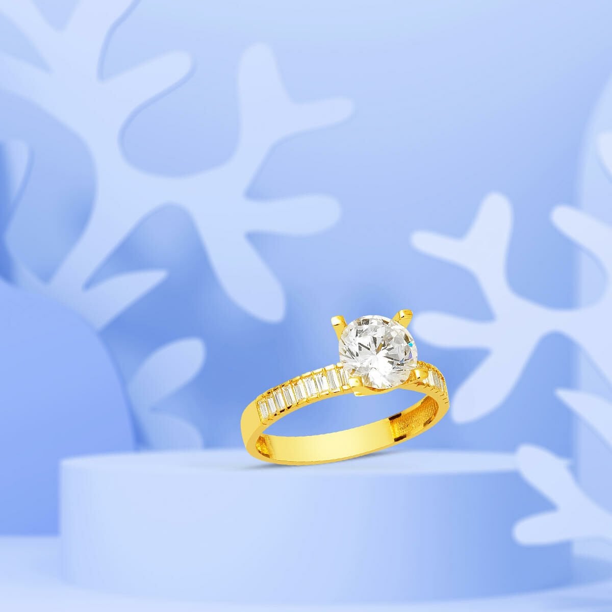 14K Yellow Gold Shoulder Baguette Cubic Zirconia Solitaire Ring