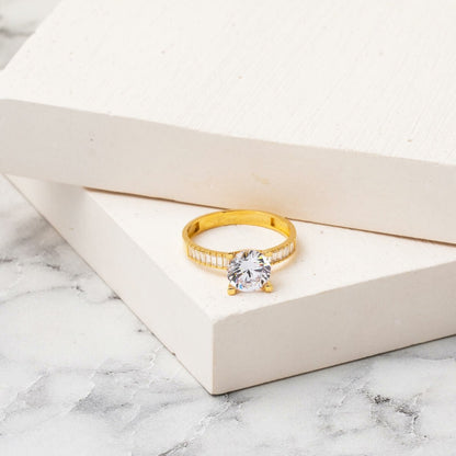 14K Yellow Gold Shoulder Baguette Cubic Zirconia Solitaire Ring