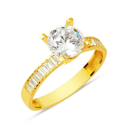 14K Yellow Gold Shoulder Baguette Cubic Zirconia Solitaire Ring