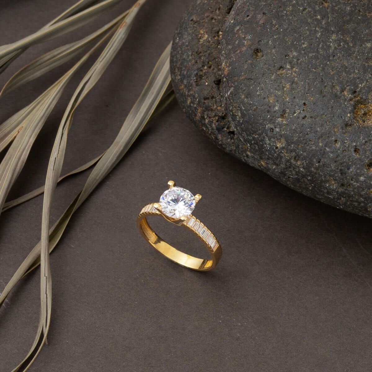 14K Yellow Gold Shoulder Baguette Cubic Zirconia Solitaire Ring