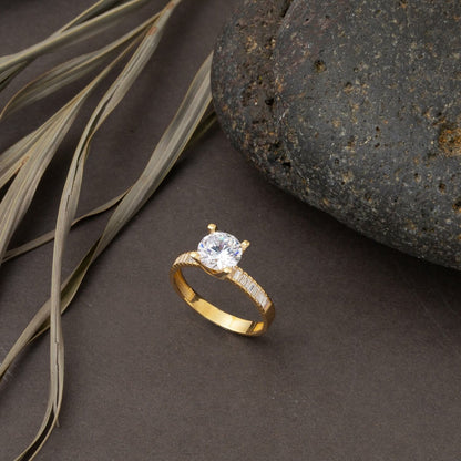 14K Yellow Gold Shoulder Baguette Cubic Zirconia Solitaire Ring