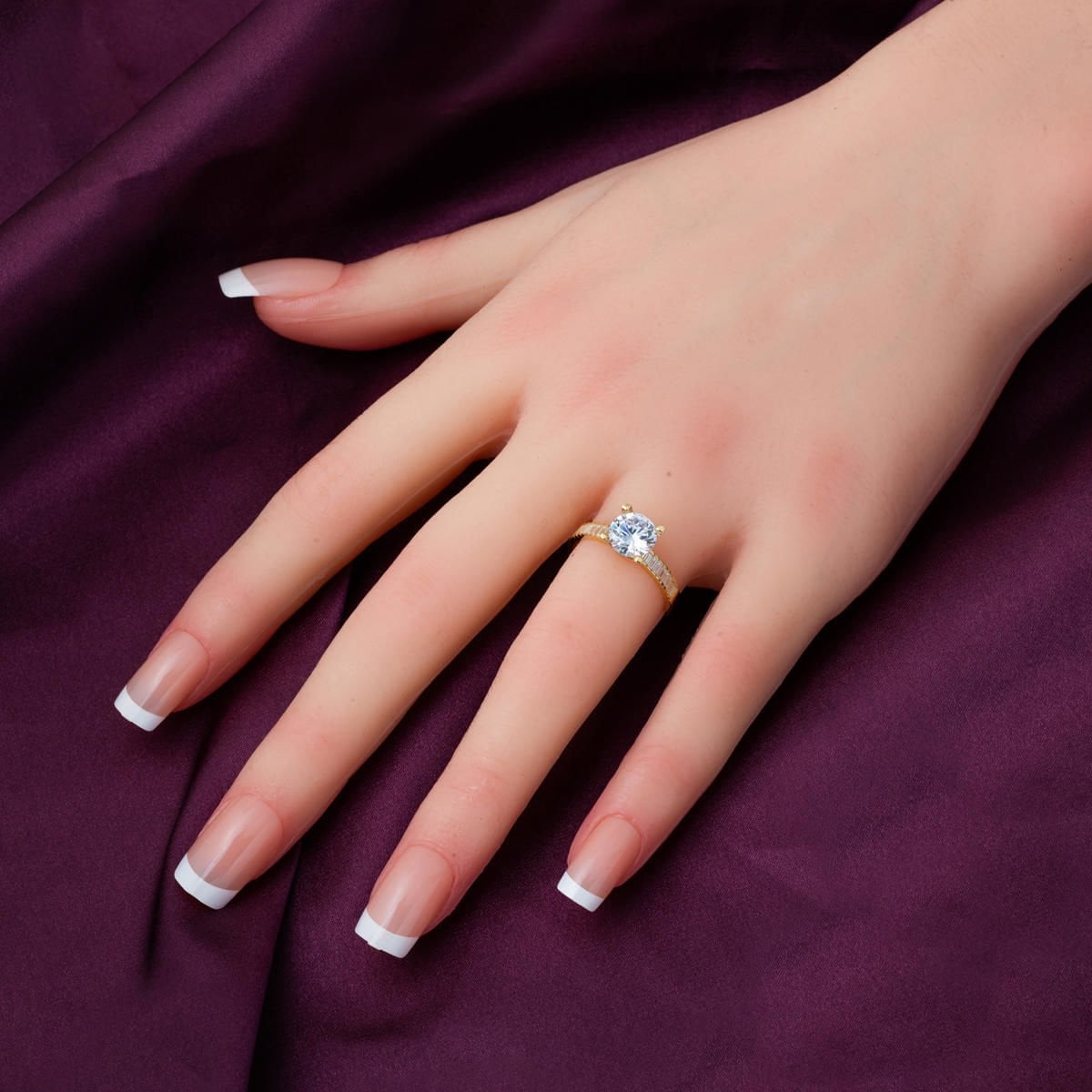 14K Yellow Gold Shoulder Baguette Cubic Zirconia Solitaire Ring