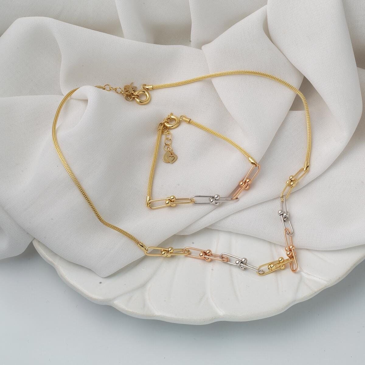 14K Yellow Gold Paperclip Chain Necklace and Bracelet Set (17.3 g)