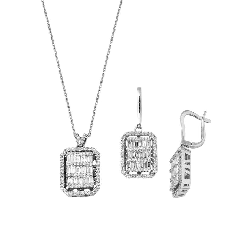 14K White Gold Baguette Diamond Necklace and Earrings Set