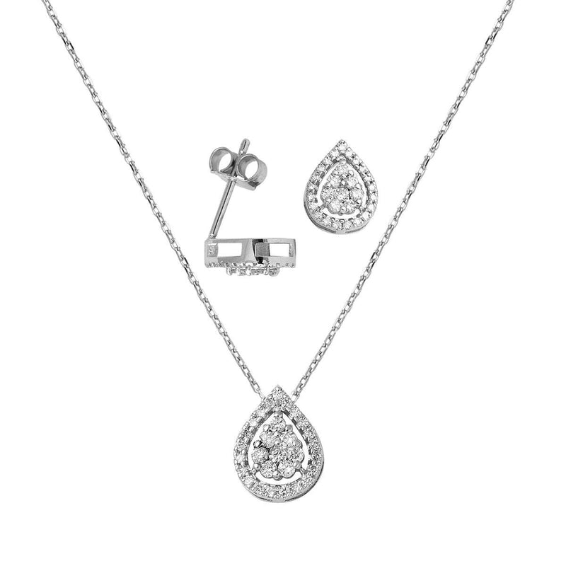 14K White Gold Teardrop Diamond Necklace and Earrings Set