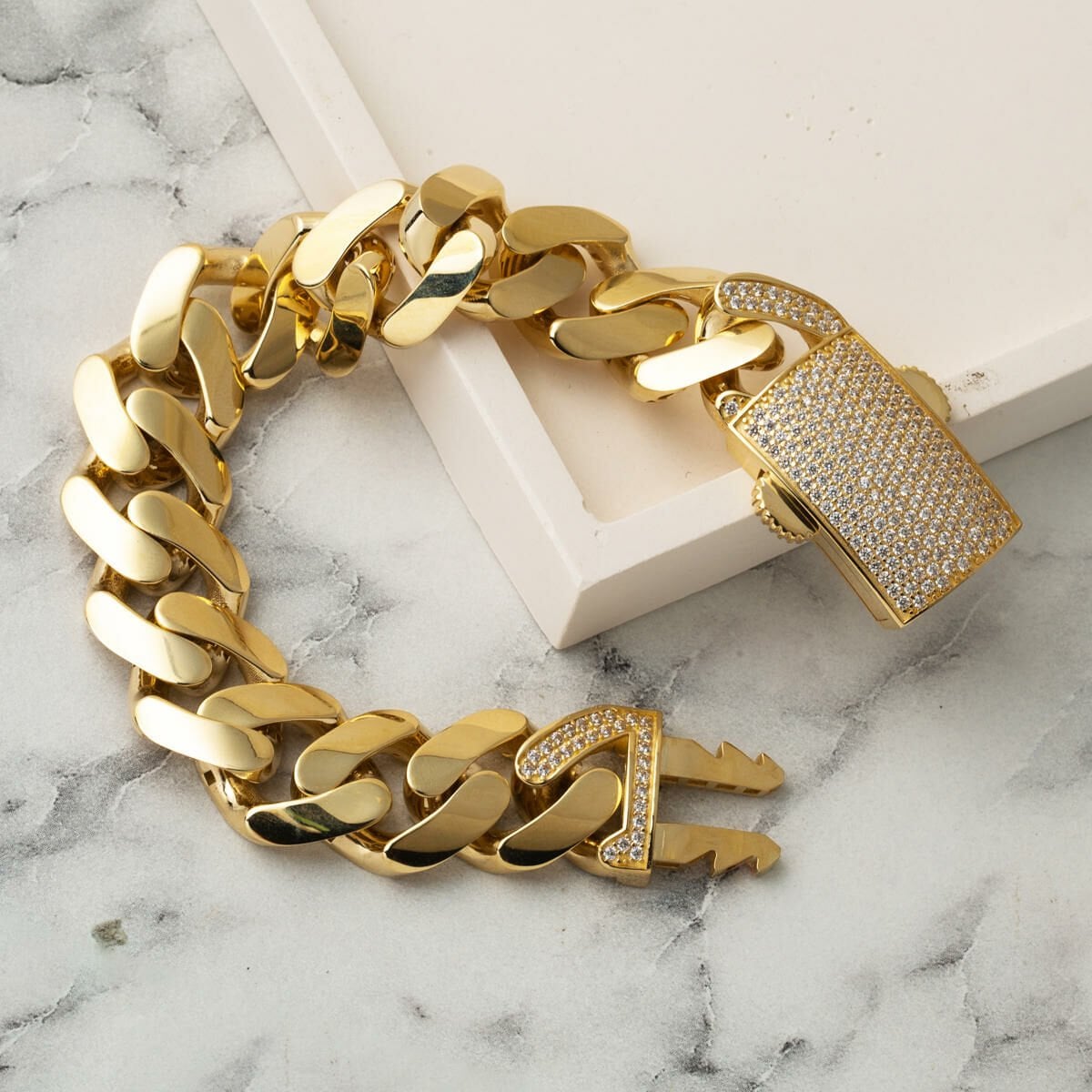14K Yellow Gold Box Lock Curb Cubic Zirconia Bracelet