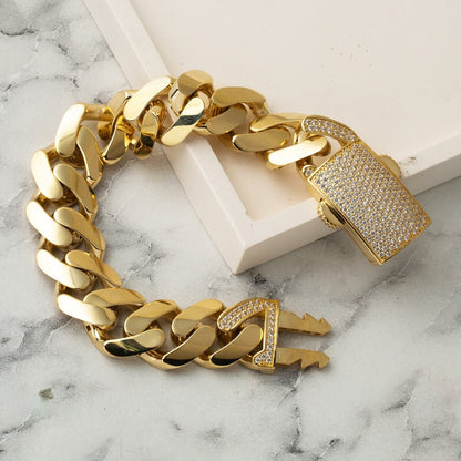14K Yellow Gold Box Lock Curb Cubic Zirconia Bracelet