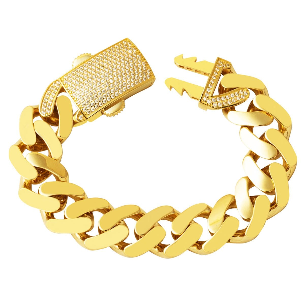 14K Yellow Gold Box Lock Curb Cubic Zirconia Bracelet