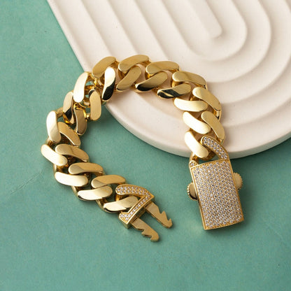 14K Yellow Gold Box Lock Curb Cubic Zirconia Bracelet