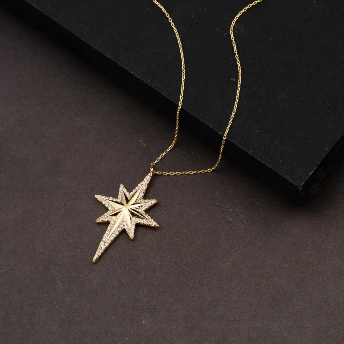14K Yellow Gold Polar Star Cubic Zirconia Necklace