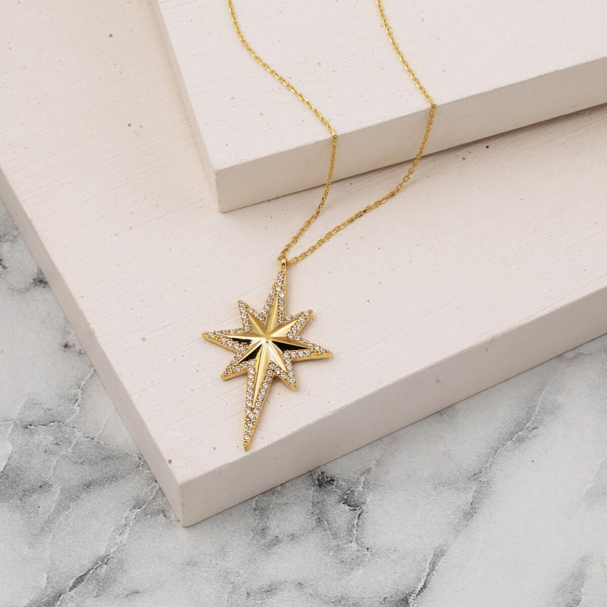 14K Yellow Gold Polar Star Cubic Zirconia Necklace