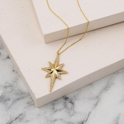 14K Yellow Gold Polar Star Cubic Zirconia Necklace