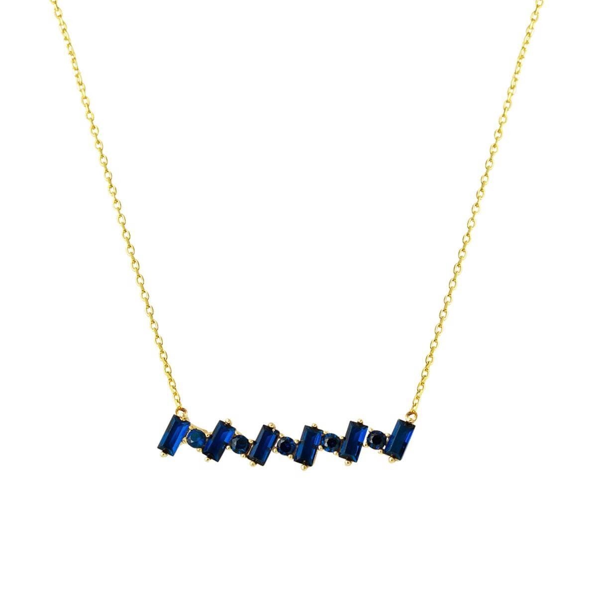 14K Yellow Gold Navy Blue Baguette Cubic Zirconia Necklace