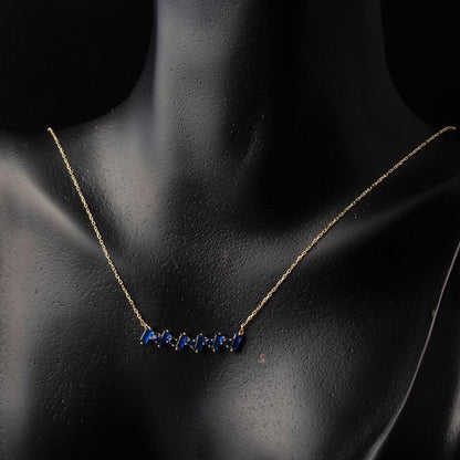 14K Yellow Gold Navy Blue Baguette Cubic Zirconia Necklace