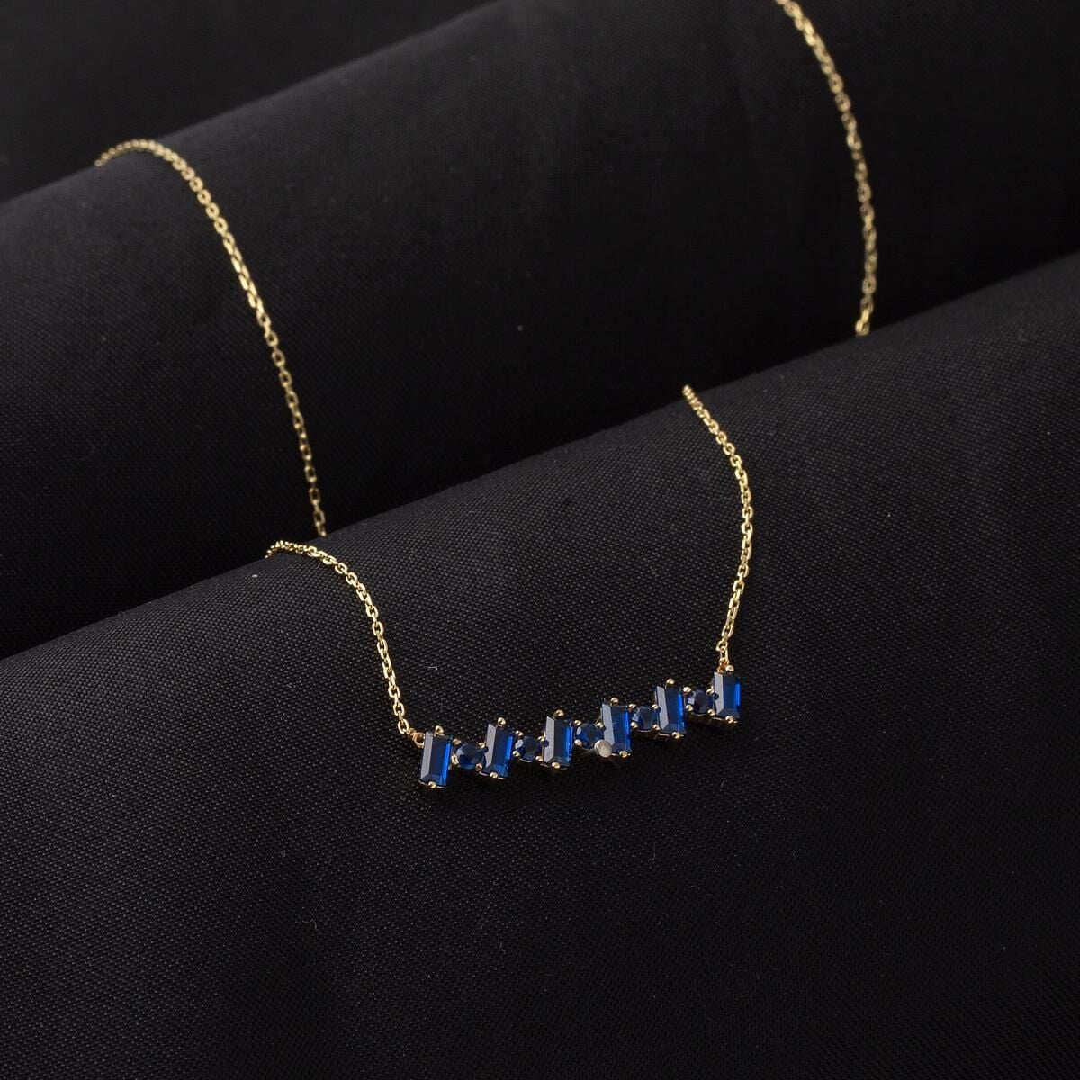 14K Yellow Gold Navy Blue Baguette Cubic Zirconia Necklace