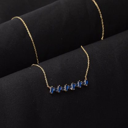 14K Yellow Gold Navy Blue Baguette Cubic Zirconia Necklace