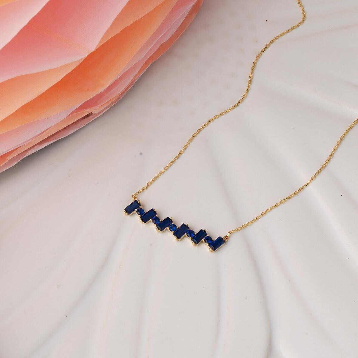 14K Yellow Gold Navy Blue Baguette Cubic Zirconia Necklace