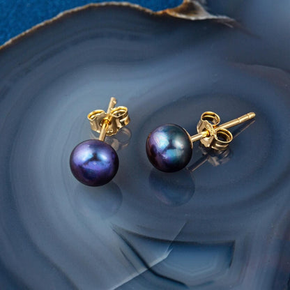 14K Yellow Gold Navy Blue Pearl Clip-On Earrings