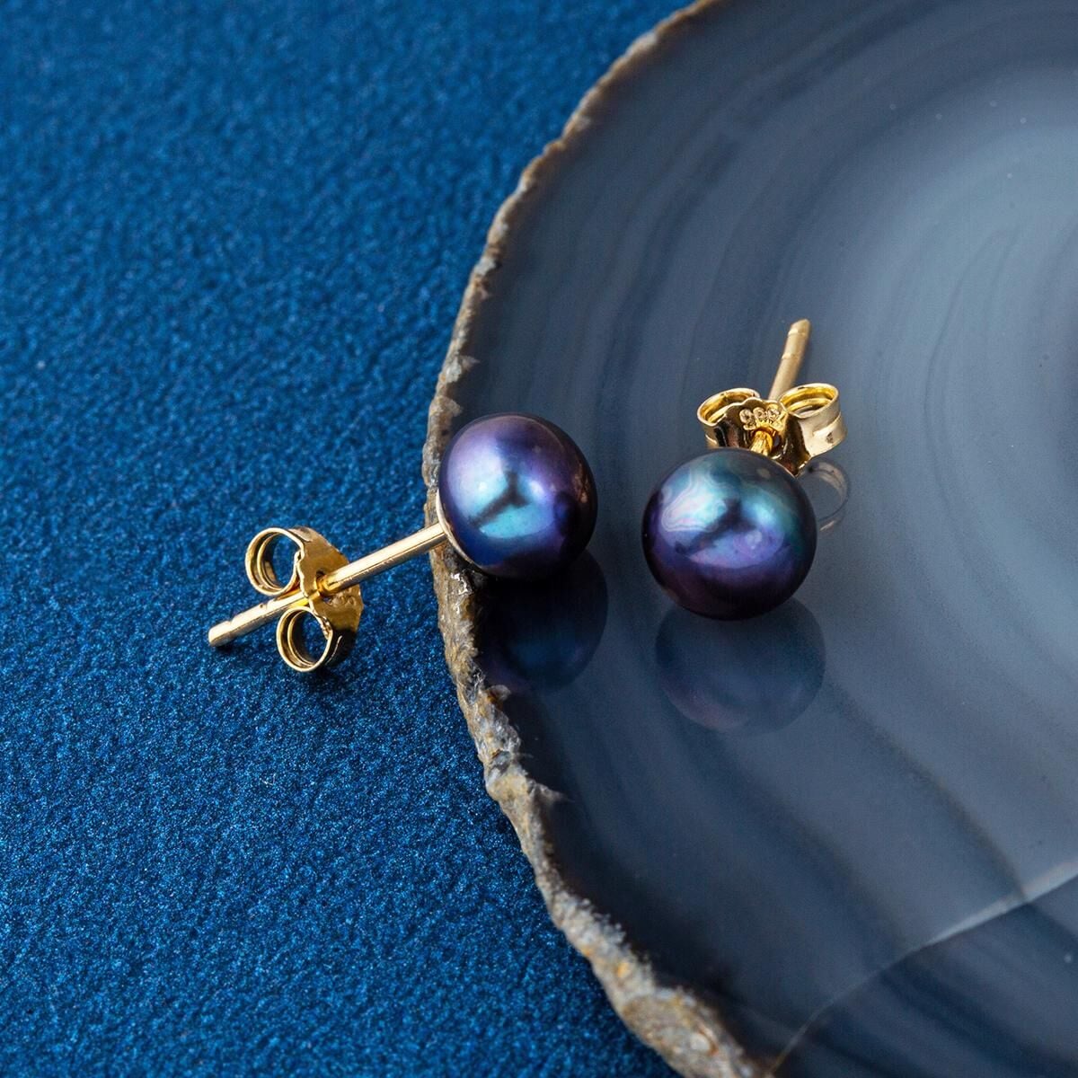 14K Yellow Gold Navy Blue Pearl Clip-On Earrings