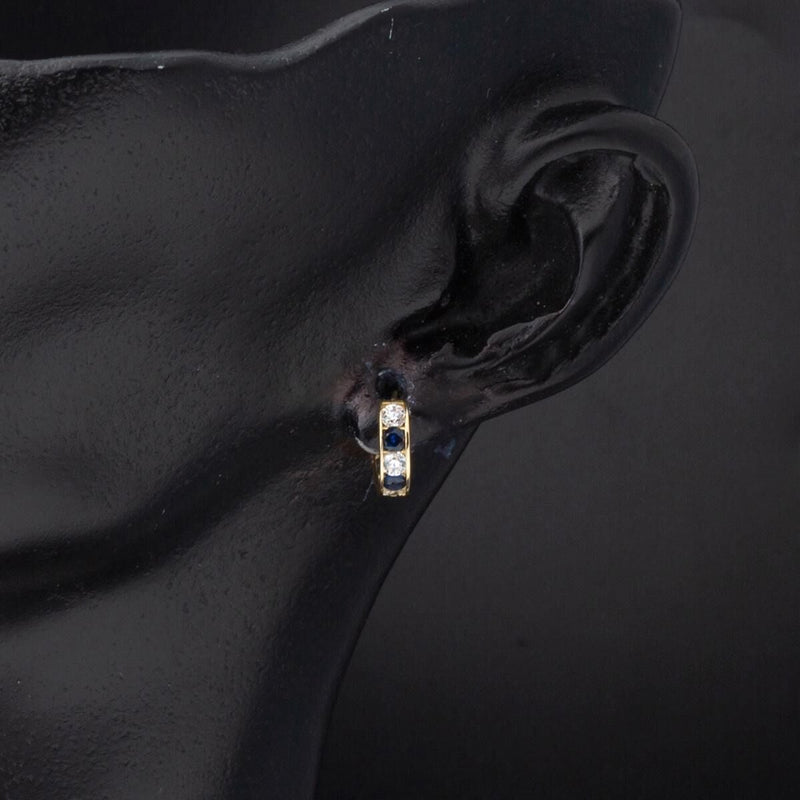 14K Yellow Gold Navy Blue Cubic Zirconia Baby Hoop Earrings