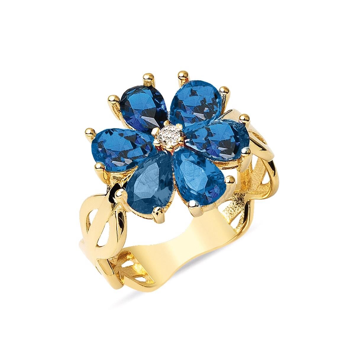 14K Yellow Gold Navy Blue Flower Cubic Zirconia Ring