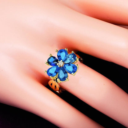 14K Yellow Gold Navy Blue Flower Cubic Zirconia Ring