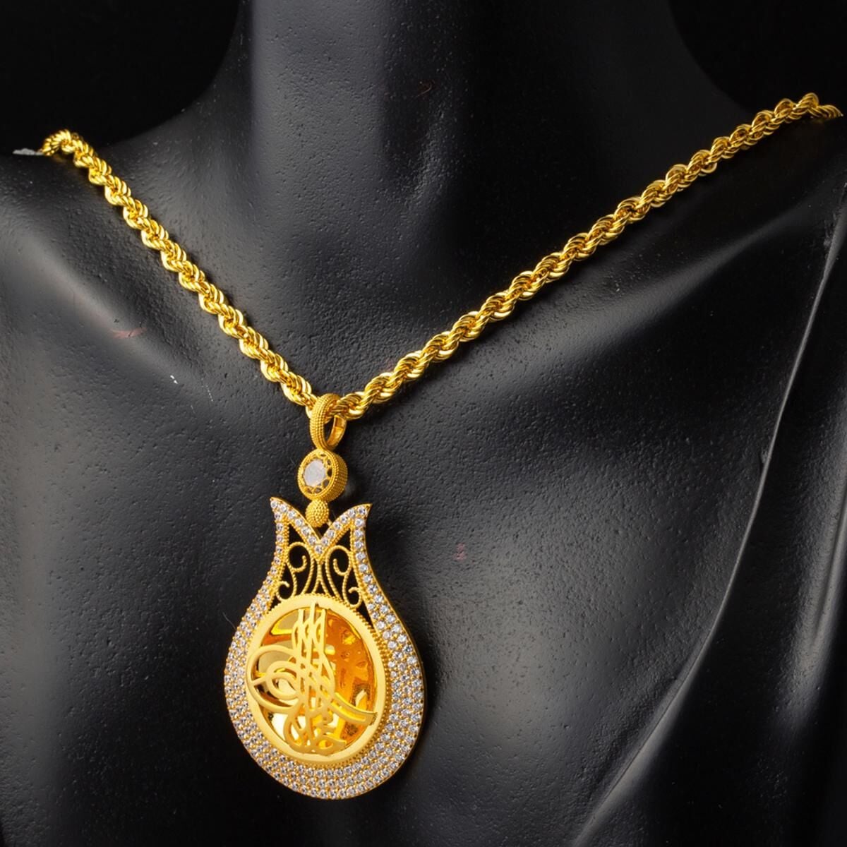 14K Yellow Gold Tulip Ottoman Tughra Cubic Zirconia Necklace (12.41 g)