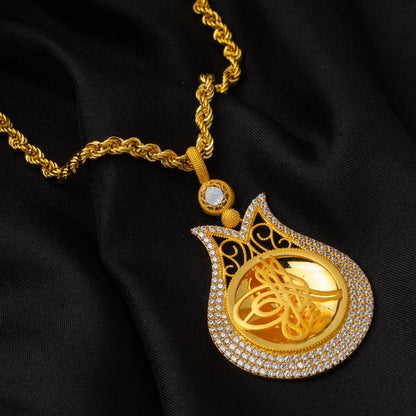 14K Yellow Gold Tulip Ottoman Tughra Cubic Zirconia Necklace (12.41 g)
