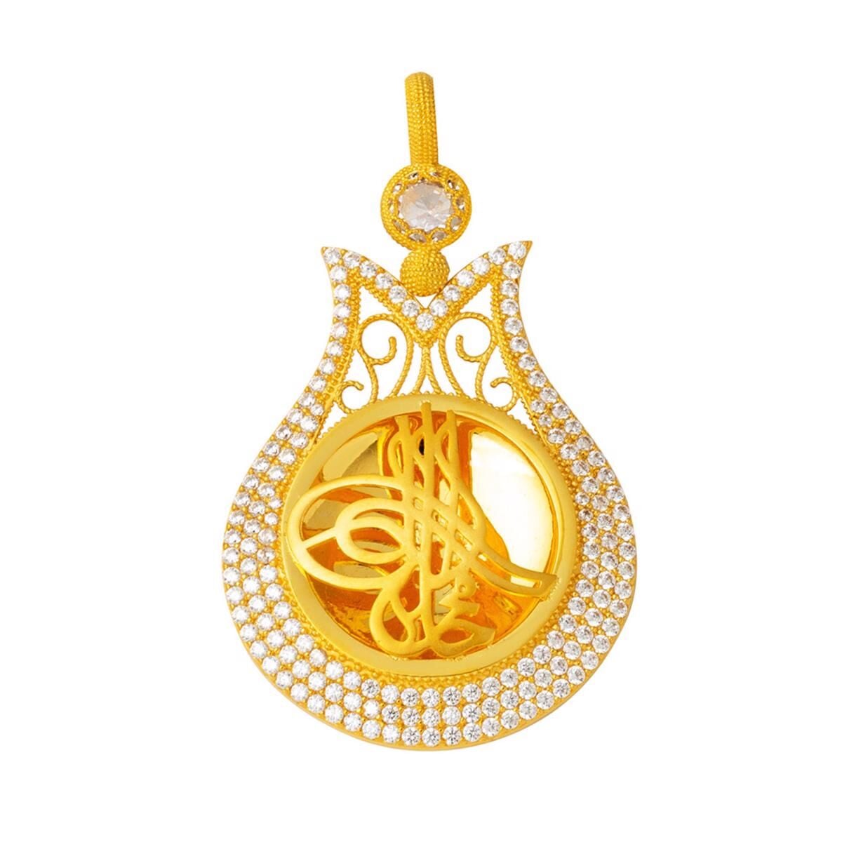 14K Yellow Gold Tulip Ottoman Tughra Cubic Zirconia Necklace (12.41 g)