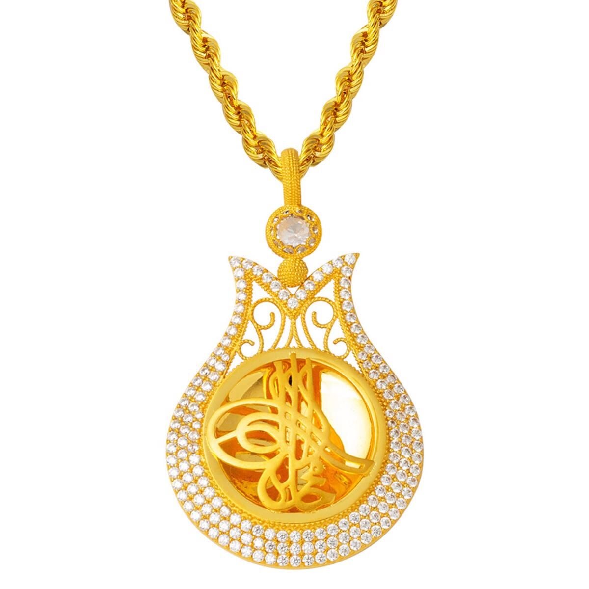 14K Yellow Gold Tulip Ottoman Tughra Cubic Zirconia Necklace (12.41 g)