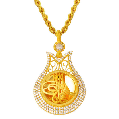 14K Yellow Gold Tulip Ottoman Tughra Cubic Zirconia Necklace (12.41 g)