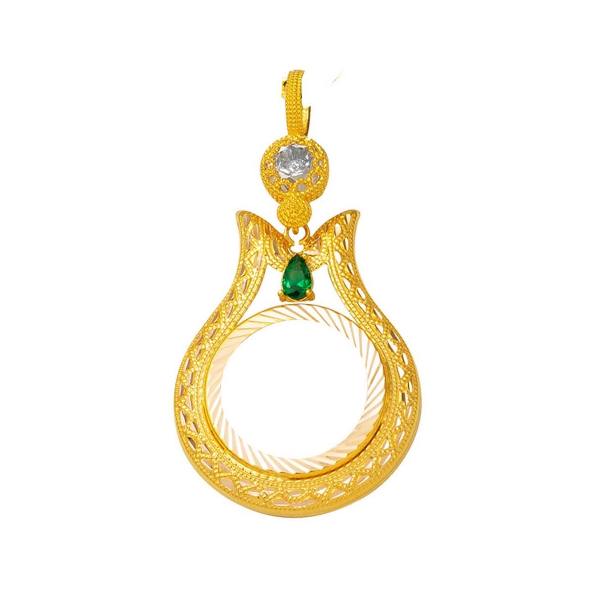 14K Yellow Gold Tulip Quarter Coin Bezel Cubic Zirconia Necklace