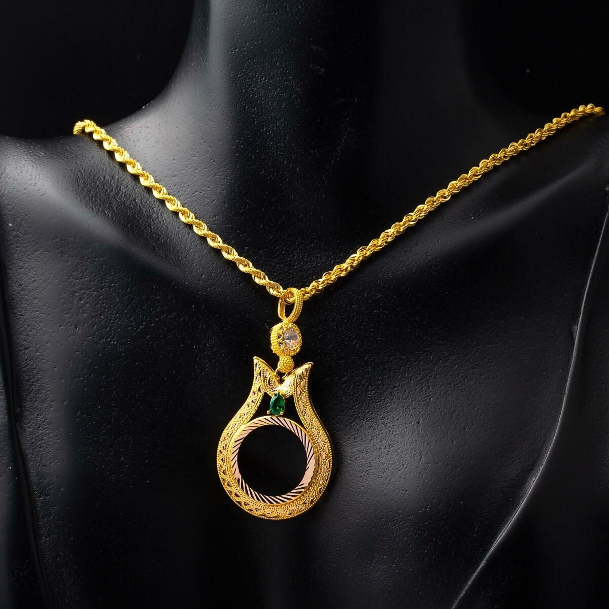 14K Yellow Gold Tulip Quarter Coin Bezel Cubic Zirconia Necklace