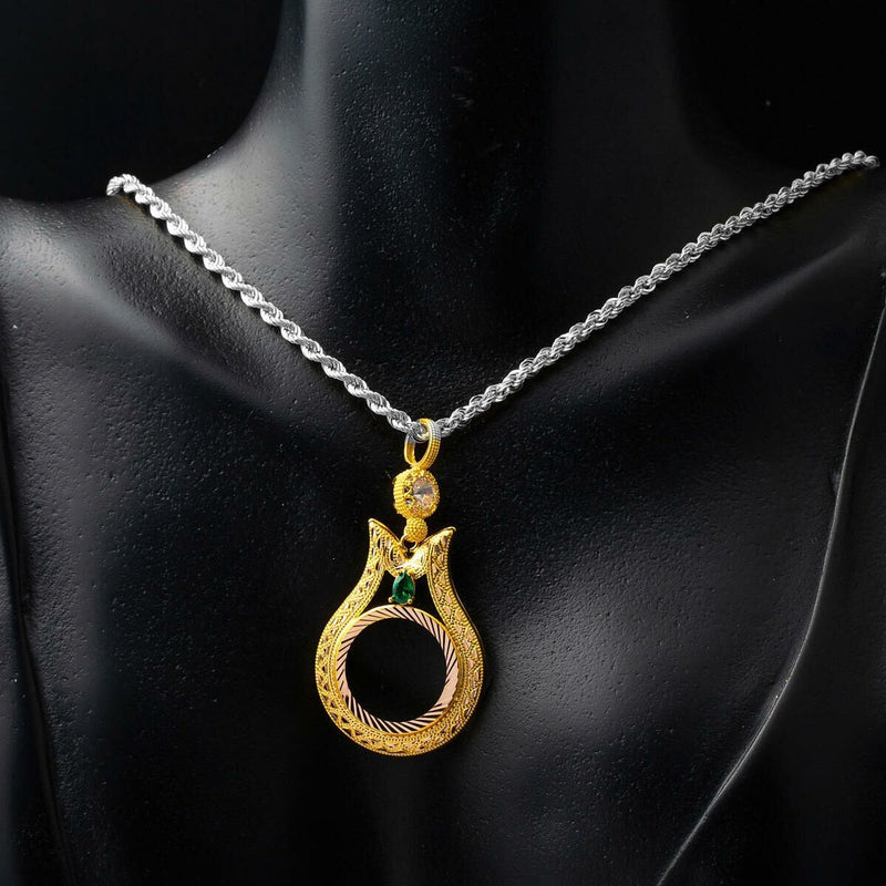 14K Yellow Gold Tulip Chainless Cubic Zirconia Quarter Coin Bezel