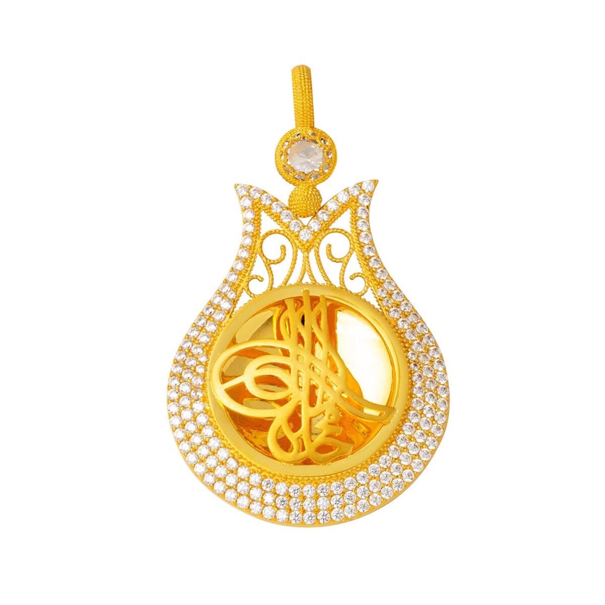 14K Yellow Gold Tulip Ottoman Tughra Quarter Coin Bezel-Set Cubic Zirconia Necklace