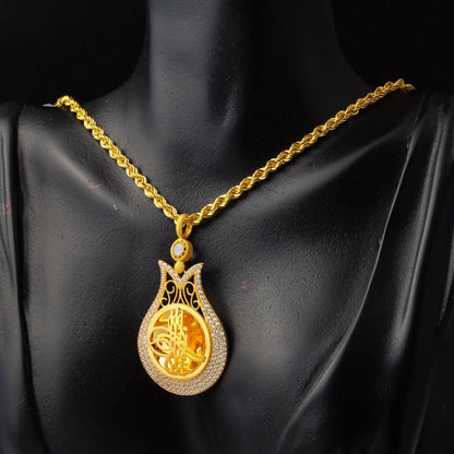 14K Yellow Gold Tulip Ottoman Tughra Quarter Coin Bezel-Set Cubic Zirconia Necklace