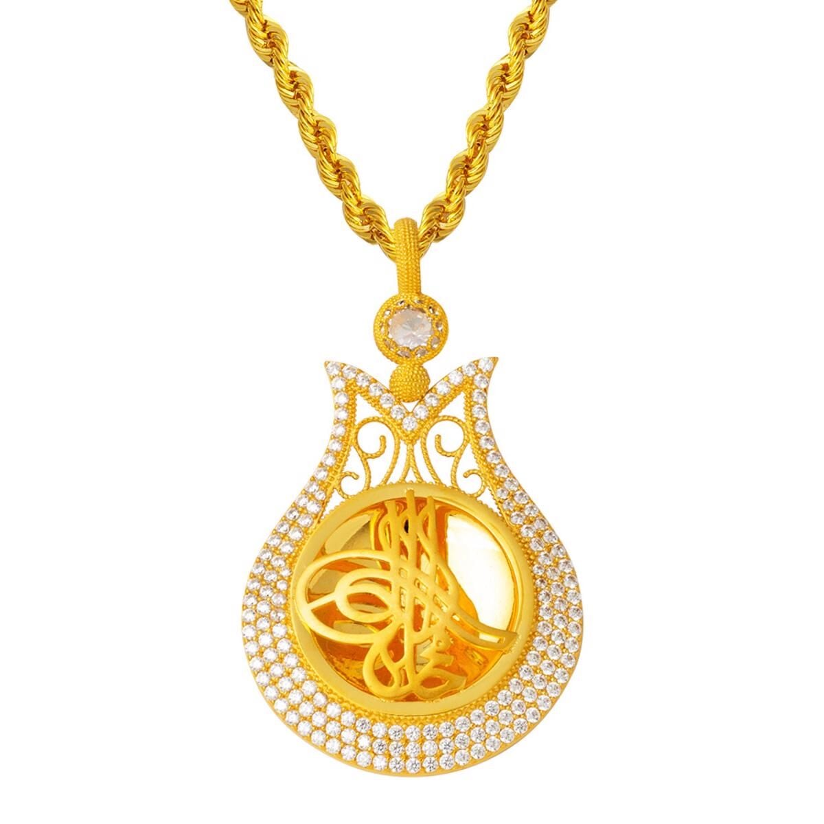 14K Yellow Gold Tulip Ottoman Tughra Quarter Coin Bezel-Set Cubic Zirconia Necklace