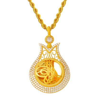 14K Yellow Gold Tulip Ottoman Tughra Quarter Coin Bezel-Set Cubic Zirconia Necklace