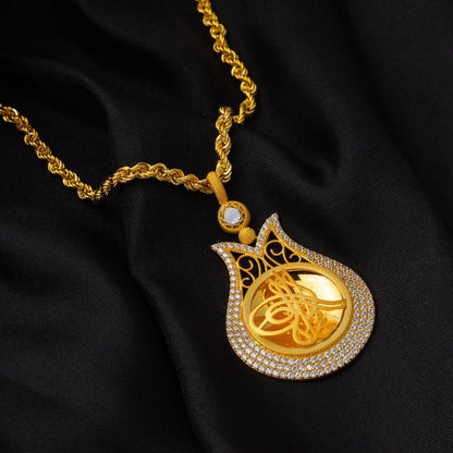 14K Yellow Gold Tulip Ottoman Tughra Quarter Coin Bezel-Set Cubic Zirconia Necklace