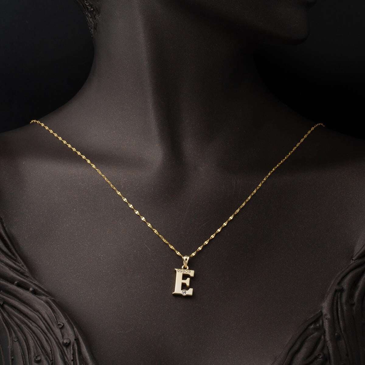 14K Yellow Gold Lettera E Initial Cubic Zirconia Necklace