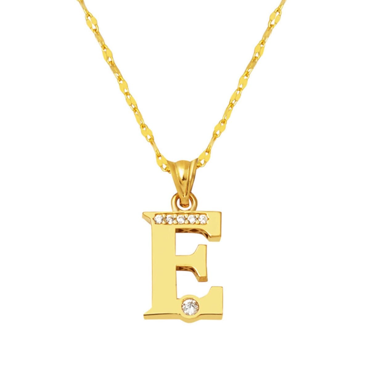 14K Yellow Gold Lettera E Initial Cubic Zirconia Necklace